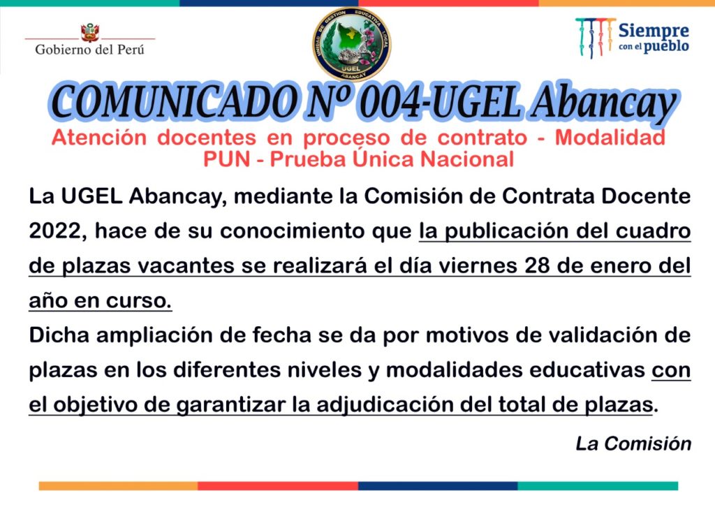 Publicación de plazas vacantes para contrato docente 2022 UGEL Abancay