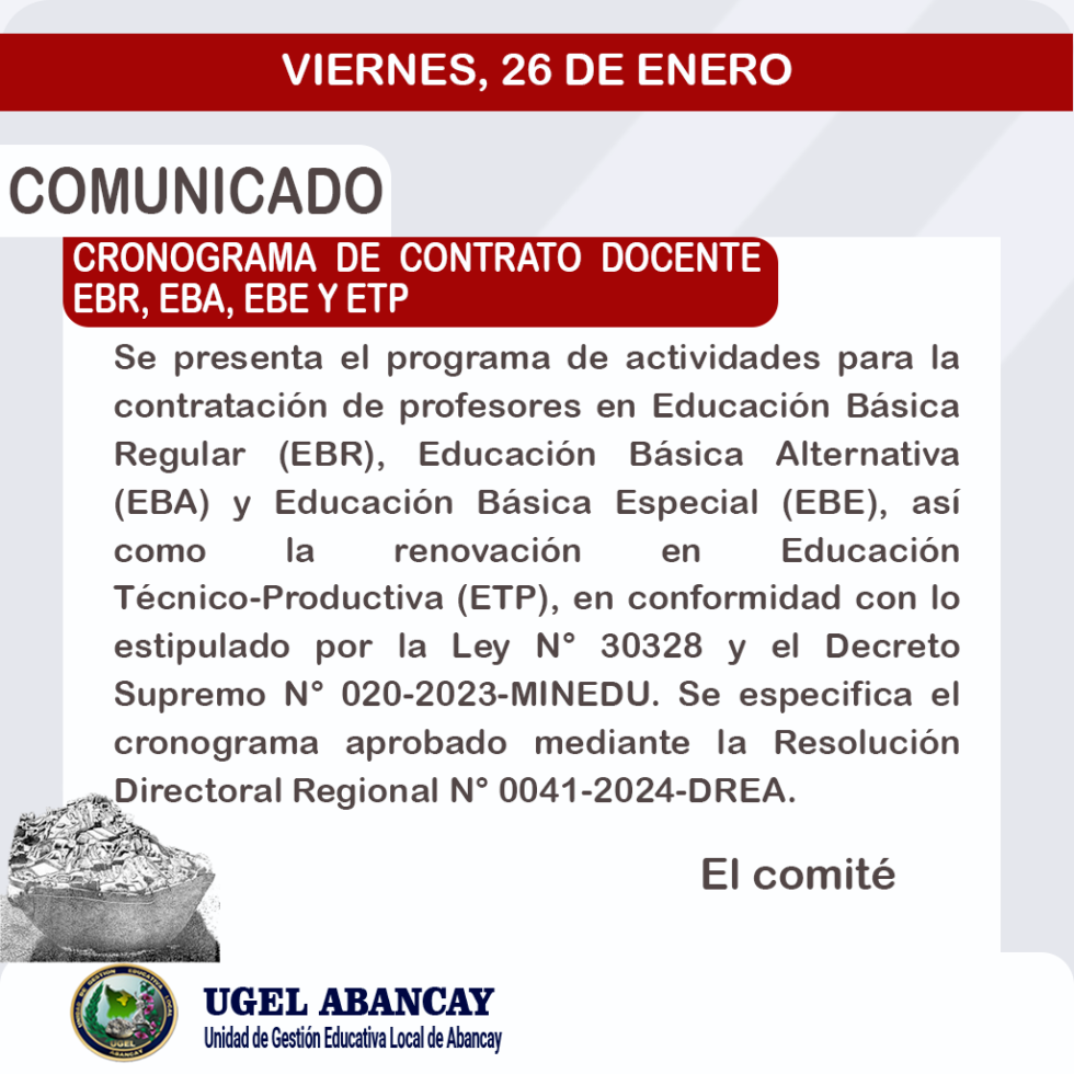 CRONOGRAMA DE CONTRATACIÓN DE DOCENTES 2024 UGEL Abancay