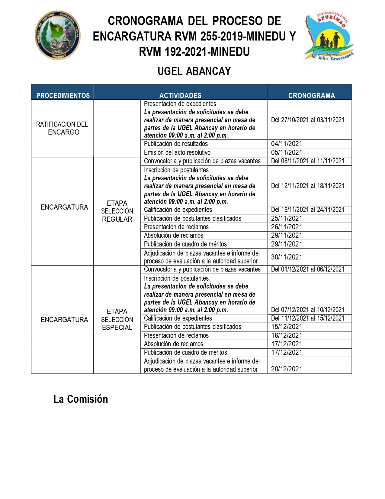 CRONOGRAMA DEL PROCESO DE ENCARGATURA | UGEL Abancay