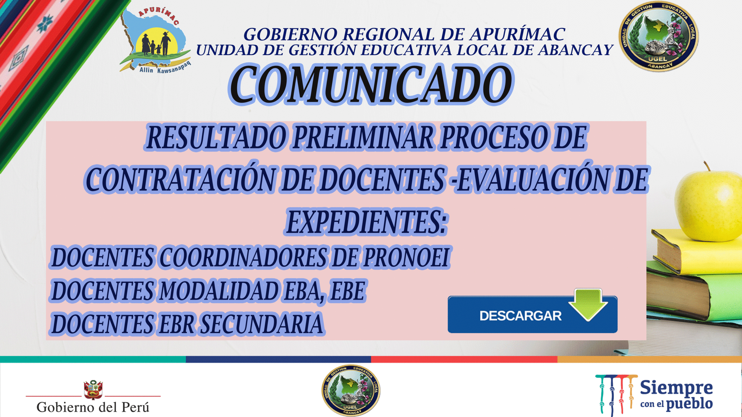 RESULTADOS PRELIMINARES – CONTRATO DOCENTE – EVALUACIÓN DE EXPEDIENTES |  UGEL Abancay