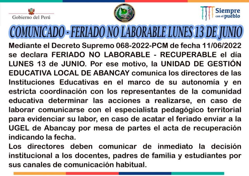 REITERAMOS COMUNICADO SOBRE EL FERIADO NO LABORABLE RECUPERABLE | UGEL ...