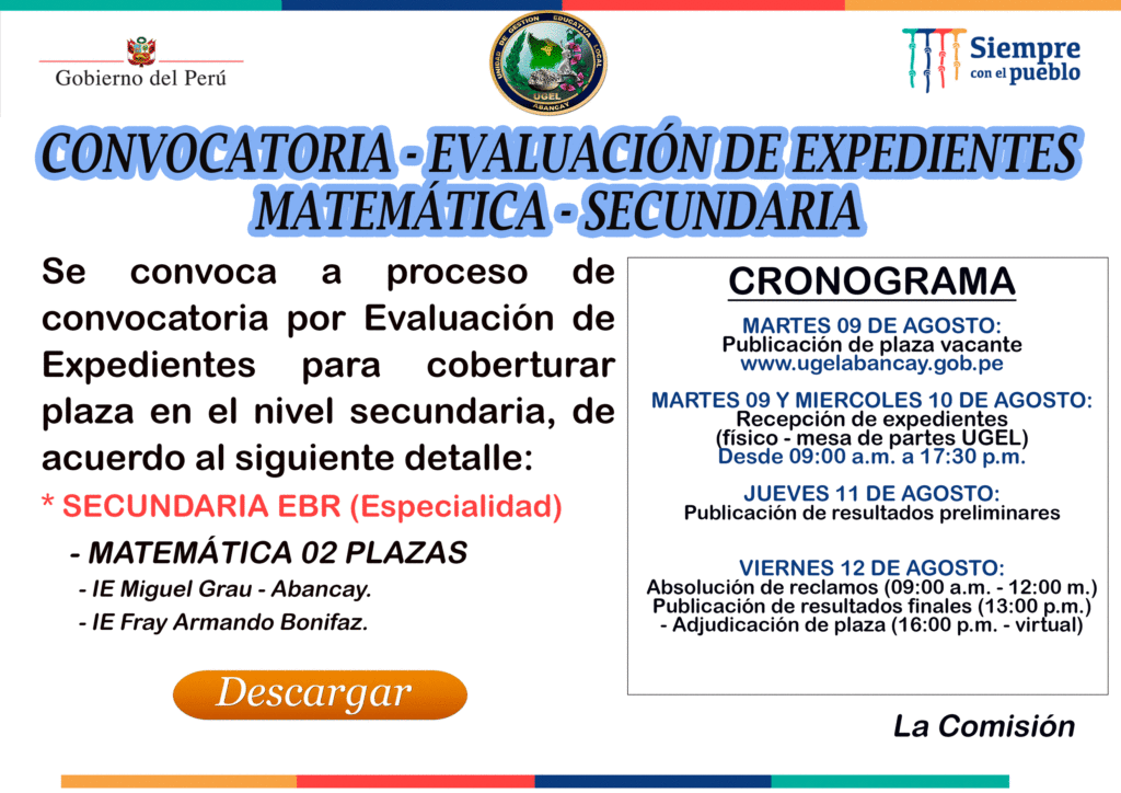 CONVOCATORIA CONTRATO DOCENTE – MATEMÁTICA. | UGEL Abancay