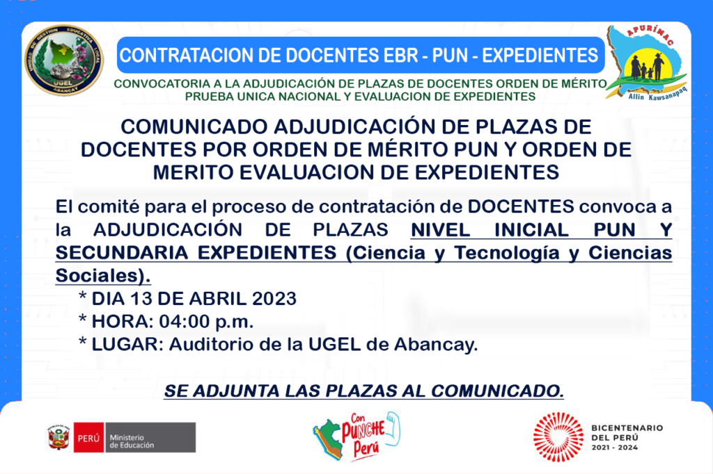 Convocatoria ADJUDICACION DE PLAZAS DE CONTRATO A DOCENTES – INICIAL Y ...