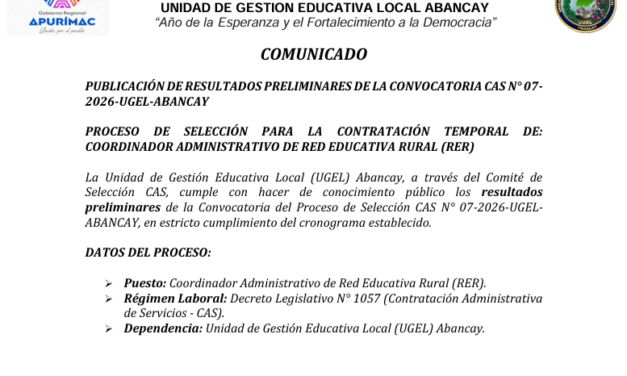 PUBLICACIÓN DE RESULTADOS PRELIMINARES DE LA CONVOCATORIA CAS N° 072026-UGEL-ABANCAY
