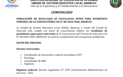 PUBLICACIÓN DE RESULTADOS DE POSTULANTES APTOS PARA ENTREVISTAPERSONAL DE LA CONVOCATORIA CAS N° 08-2026-UGEL-ABANCAY